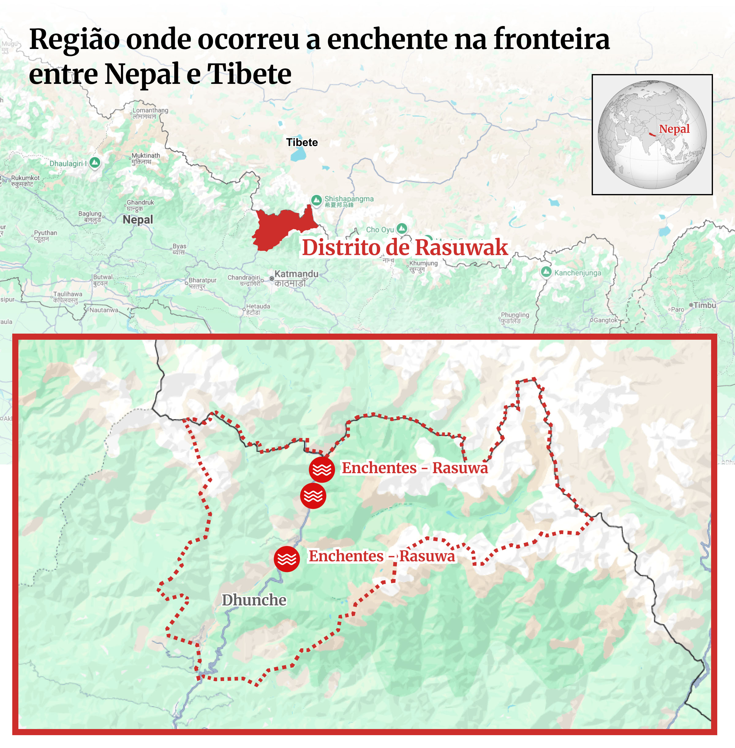 Região de fronteira entre Nepal e Tibete, onde ocorreu a enchente