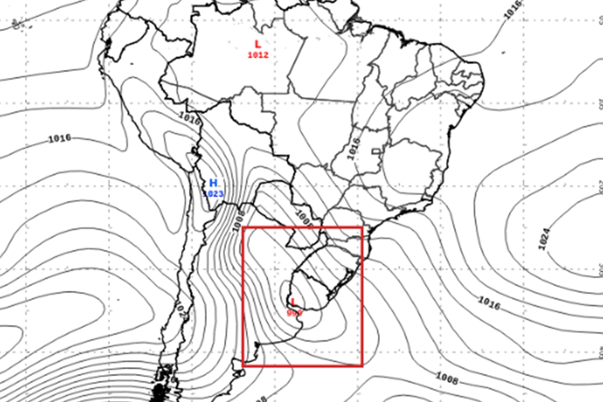 Grafico do mapa do Brasil que mostra formação de ciclone. Metrópoles. 