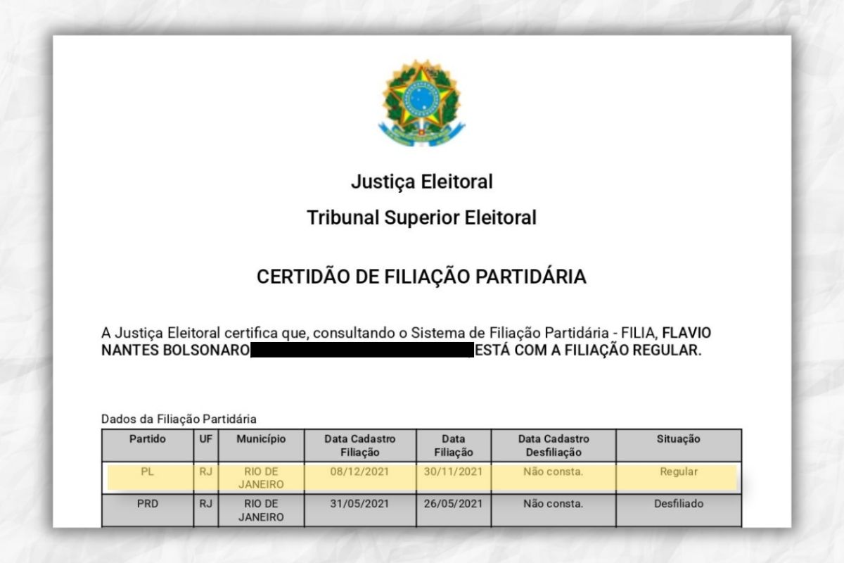 Nova certidão com o histórico de filiação de Flávio Bolsonaro