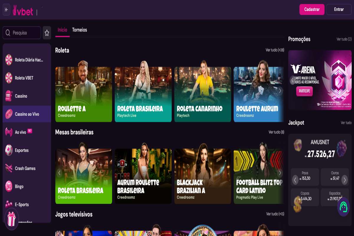 Tela do VBET cassino com as categorias de jogos da plataforma