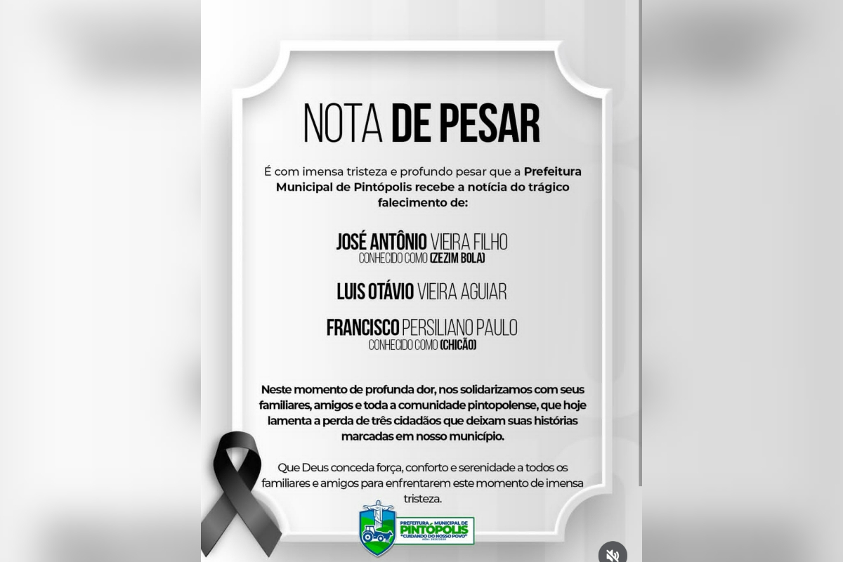Nota de pesar prefeitura de Pintópolis