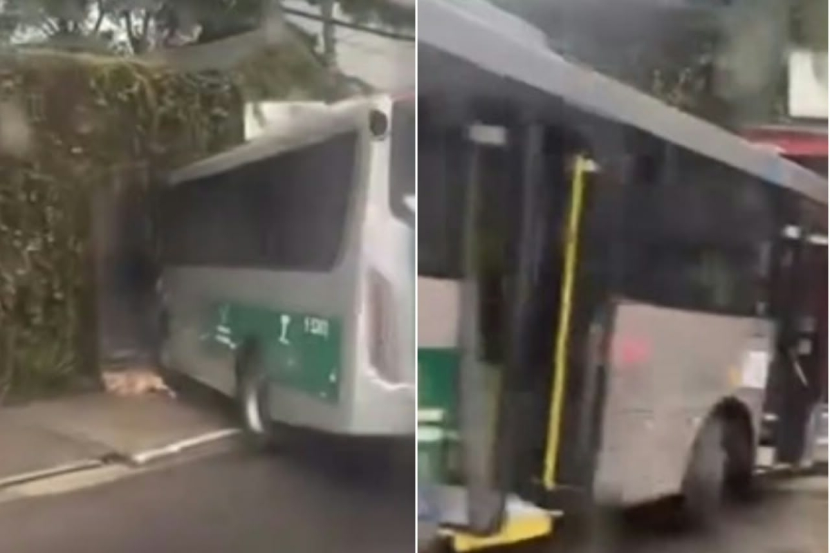 Seis pessoas ficam feridas após ônibus invadir calçada e bater em muro