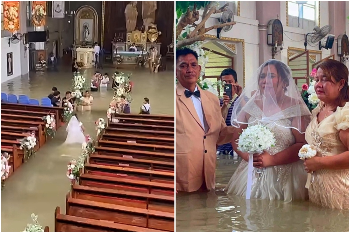 Noivos se casam com água turva na cintura em igreja inundada após enchentes