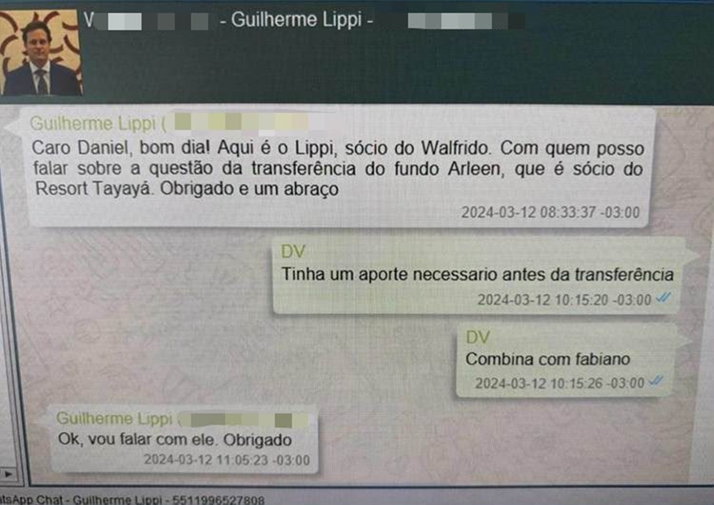 Conversa de Daniel Vorcaro e Guilherme Lippi