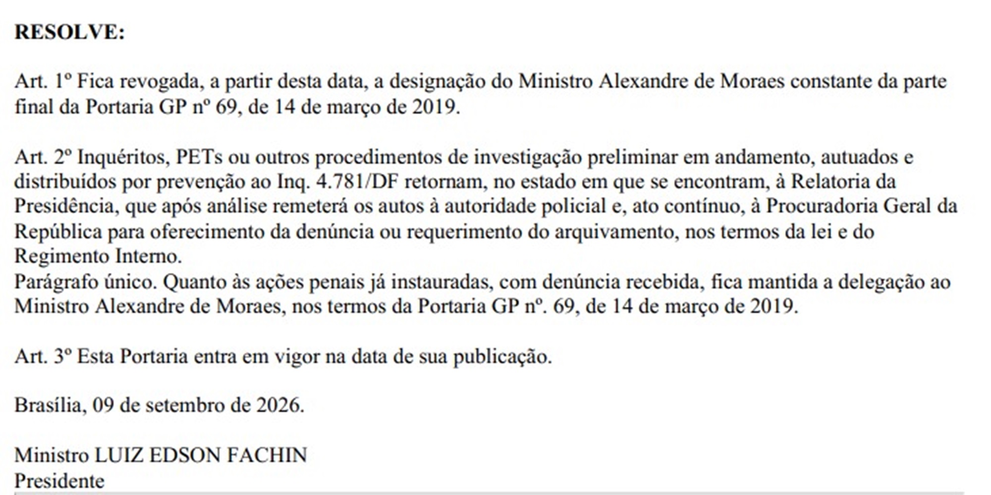 Imagem de decisão do ministro Edson Fachin sobre inquérito das Fake News