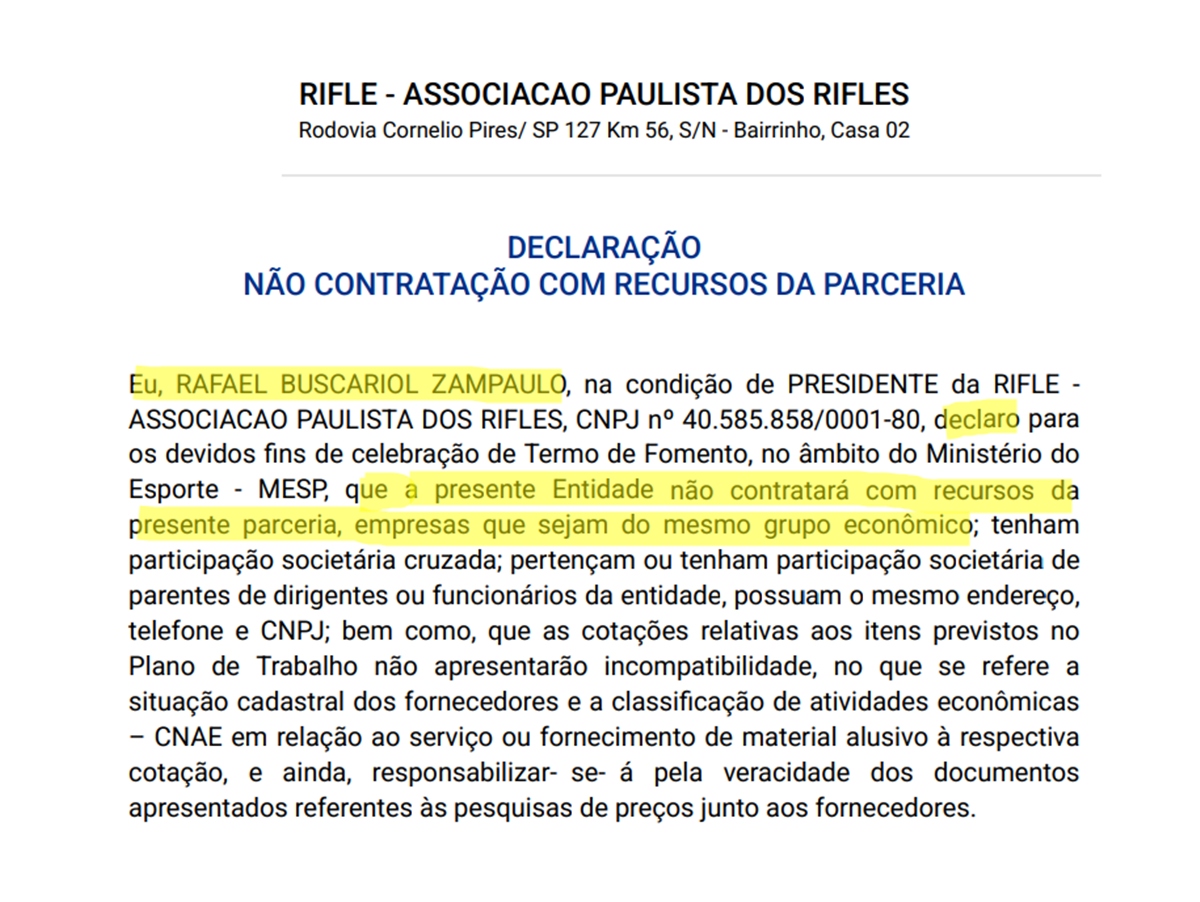 Declaração assinada pelo presidente da Associação Nacional Rifle 