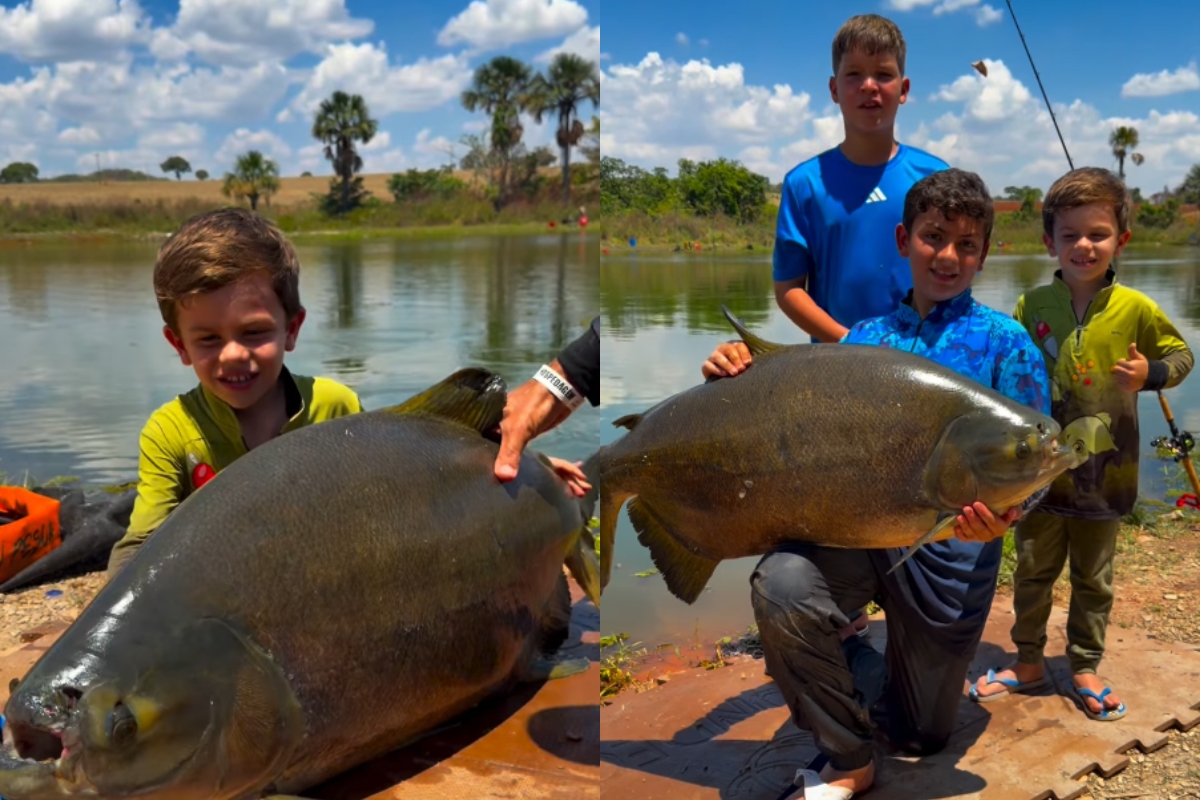Menino de 4 anos pesca tambacu de 25 kg em Goiás