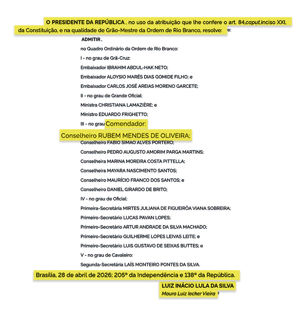 Reprodução do Diário Oficial da União (DOU) que informa honraria concedida pelo governo Lula a diplomata acusado de assédio sexual
