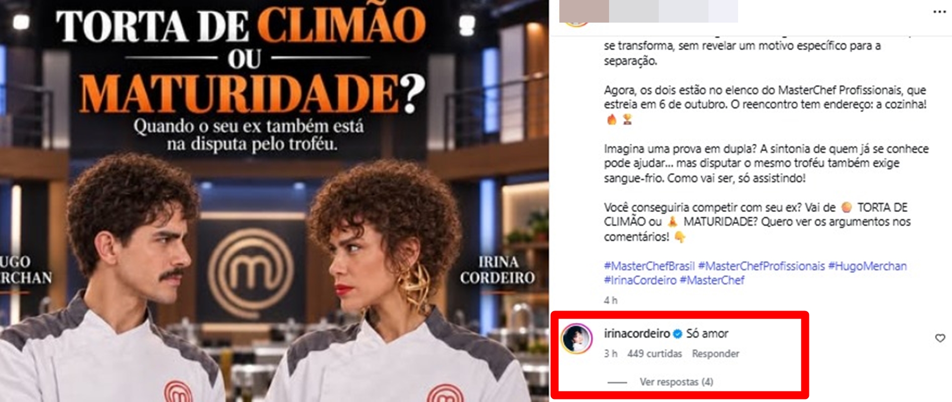 Irina Cordeiro, do Masterchef, reage após especulações de climão com Hugo Merchan