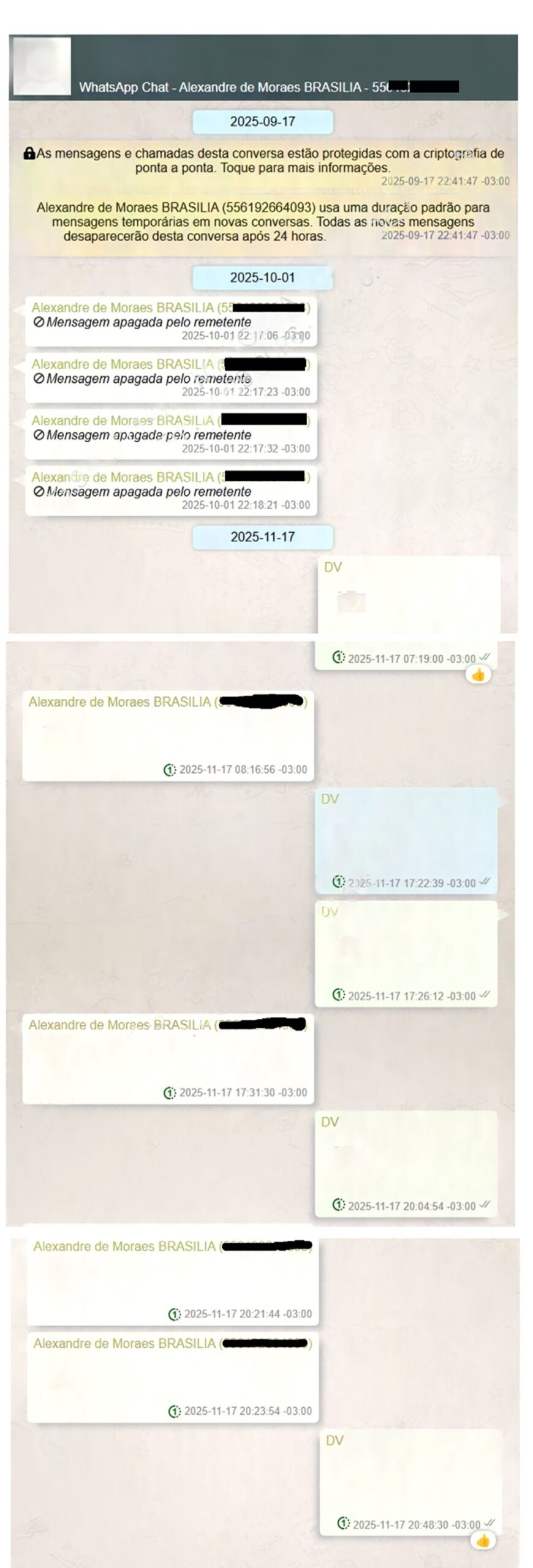 Mensagens enviadas pelo ministro Alexandre de Moraes ao banqueiro Daniel Vorcaro