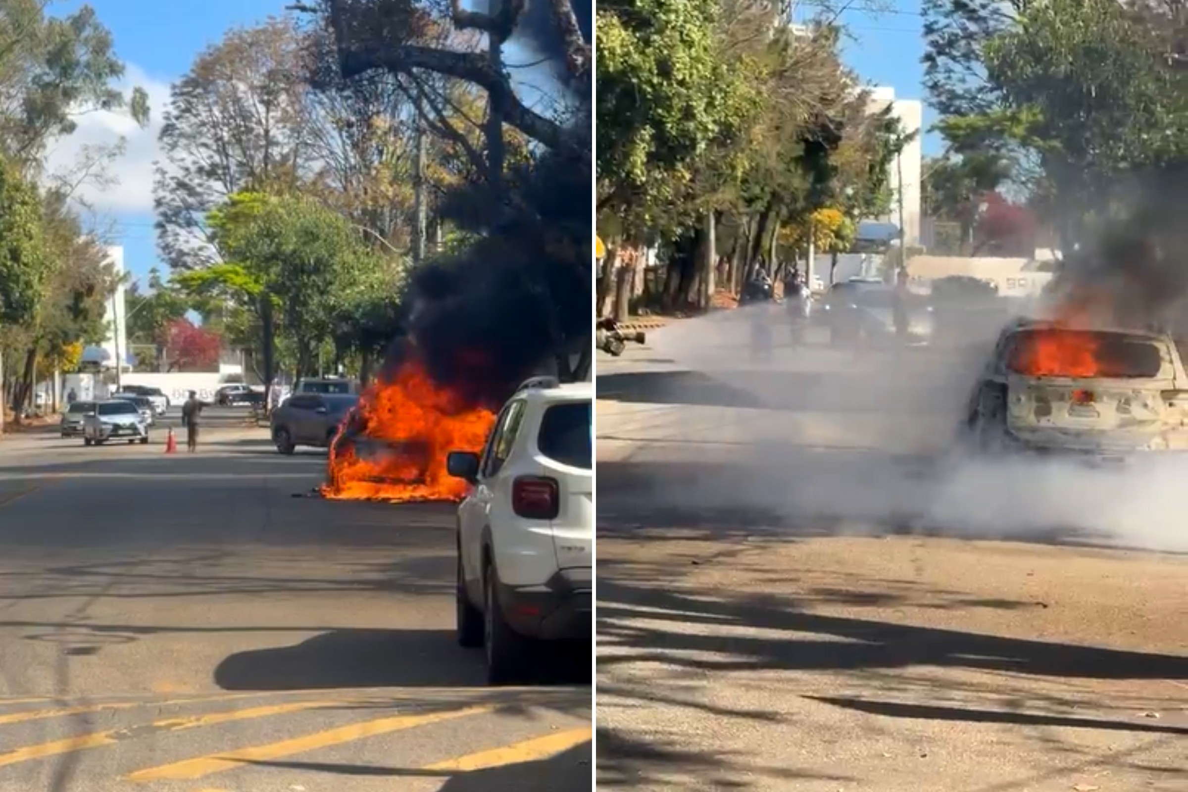 Carro pega fogo e assusta motoristas no Belvedere, em BH