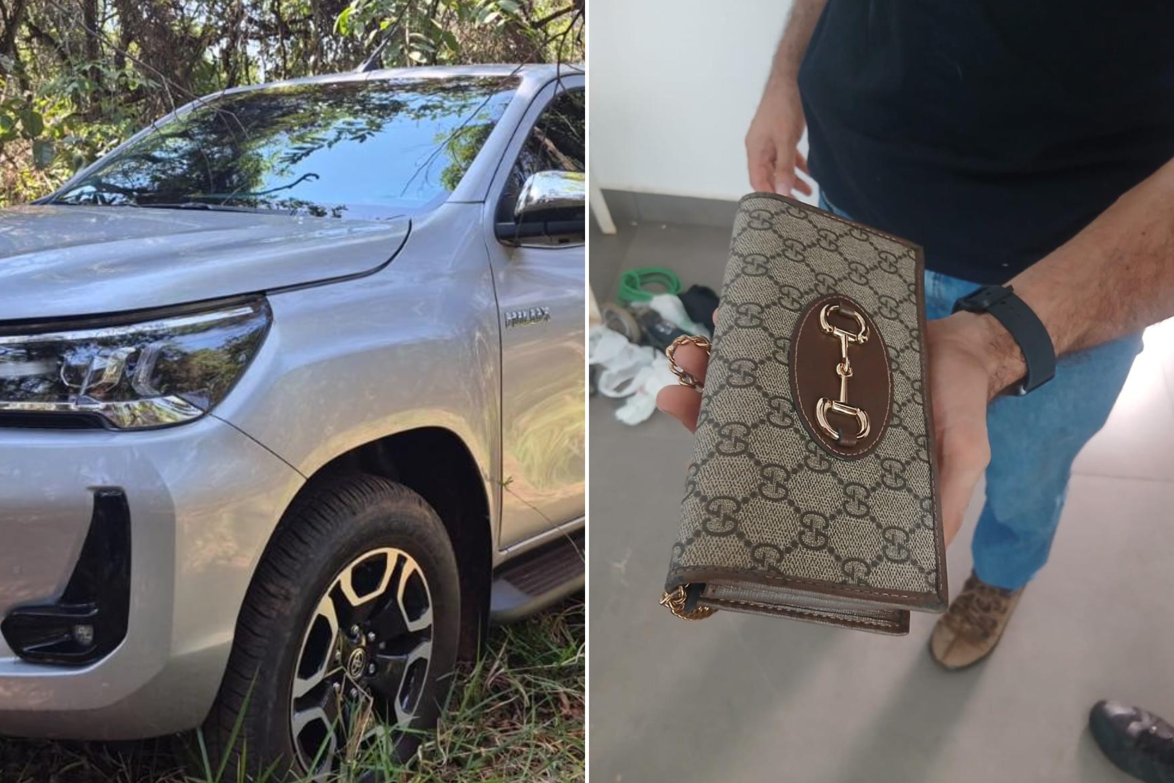 PF usa detector de metais e acha carrões furtados e bolsa Gucci em mata