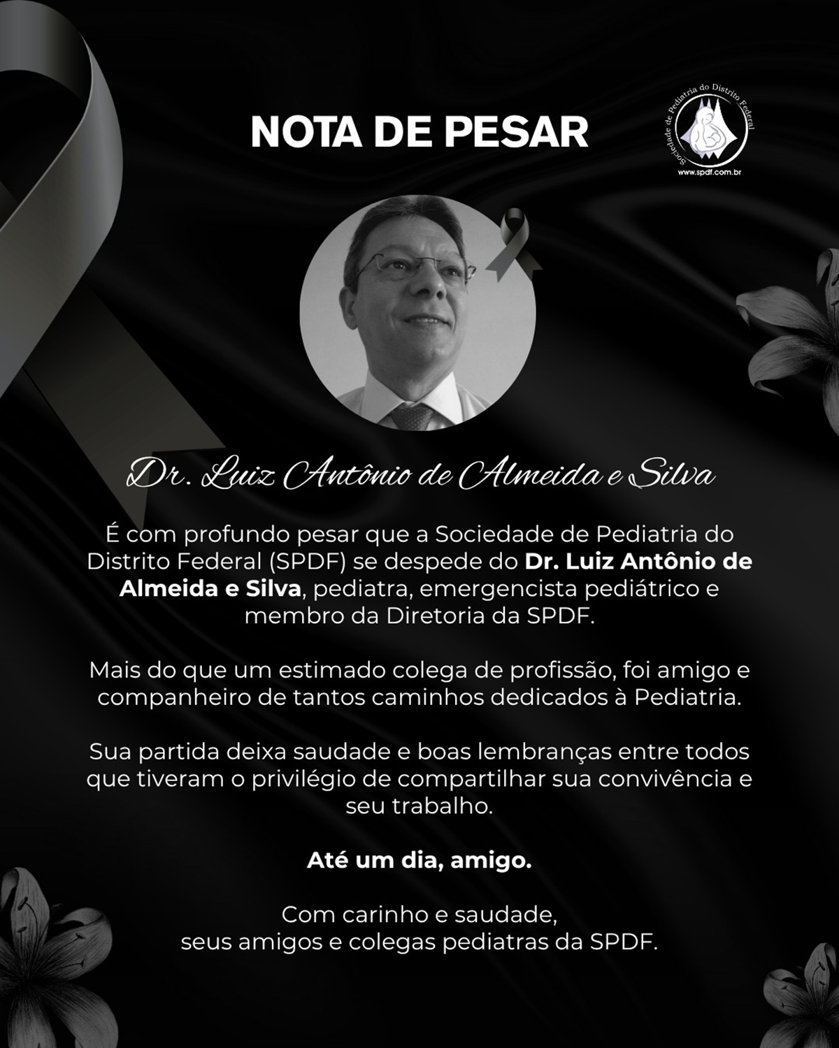 Sociedade de Pediatria do Distrito Federal lamenta a morte de Luiz Antônio