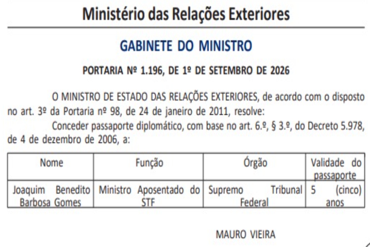 Autorização de passaporte diplomático para Joaquim Barbosa