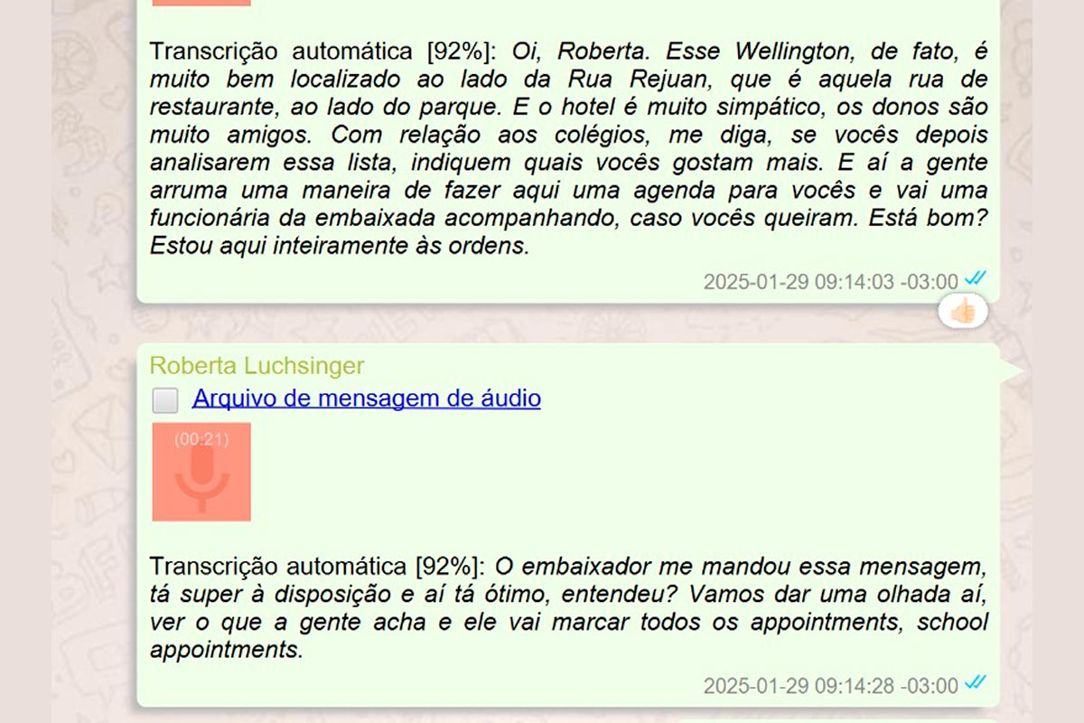 Mensagens de Roberta Luchsinger sobre mudança de Lulinha para Madri