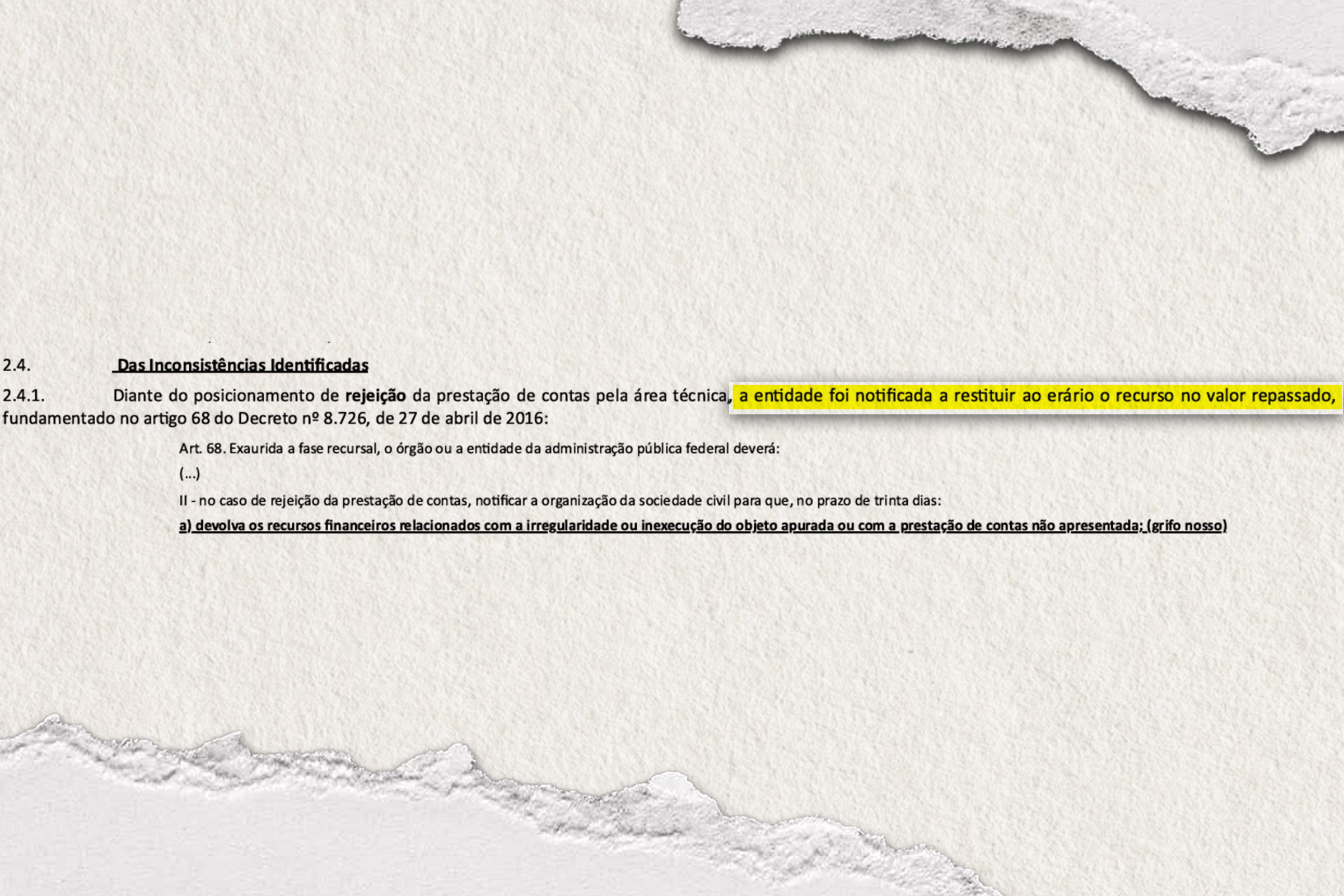 Imagem colorida mostra trecho de parecer que cita que a prestação de contas de emenda enviada à associação moriá foi rejeitada pelo governo, por meio do Ministério do Esporte | Metrópoles