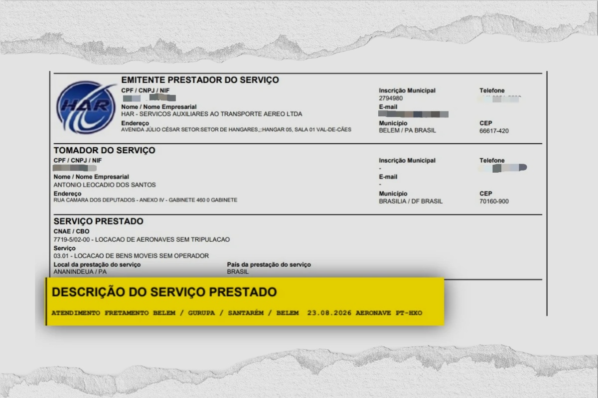Imagem colorida mostra nota fiscal de alguel de helicóptero pelo deputado Antônio Doido | Metrópoles