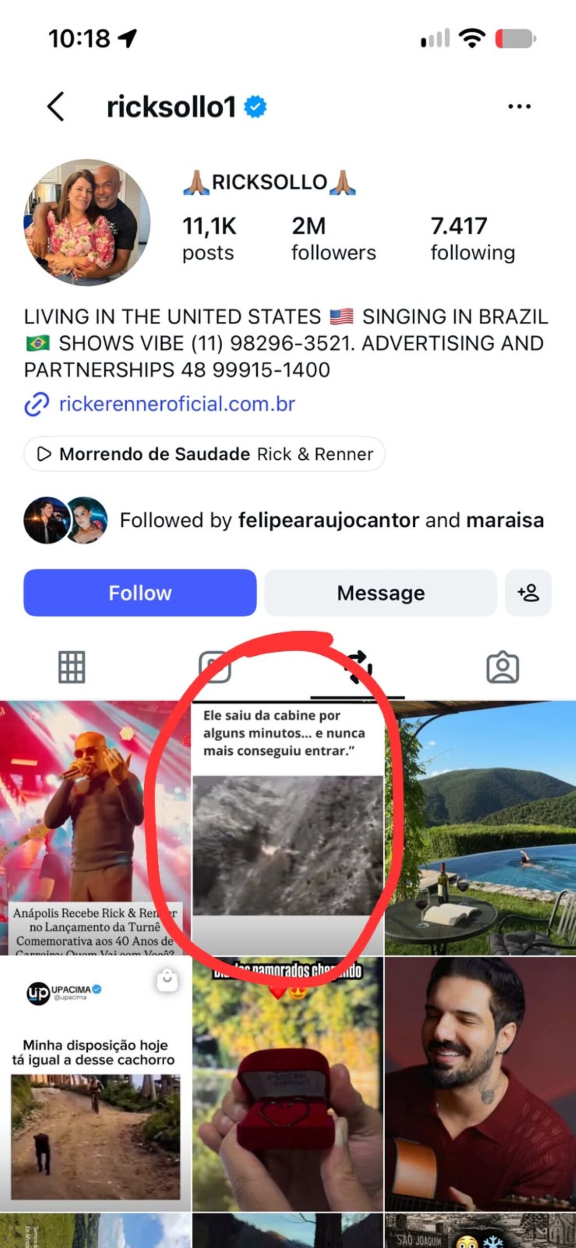 Horas antes de ter sido vítima de uma queda de helicóptero em SC, o cantor Rick havia repostado um vídeo sobre tragédias aéreas no Instagram - Metrópoles