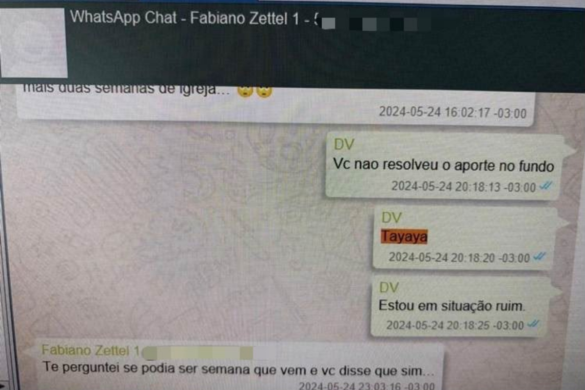 Vorcaro cobra de Zettel o aporte no fundo e escreve “Tayaya”