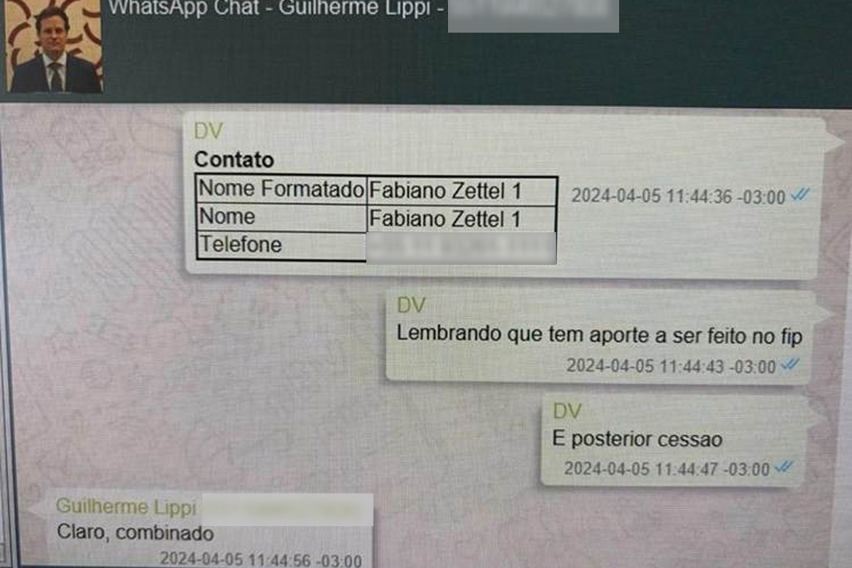 Imagem colorida, Vorcaro envia a Lippi o contato de Fabiano Zettel- metrópoles