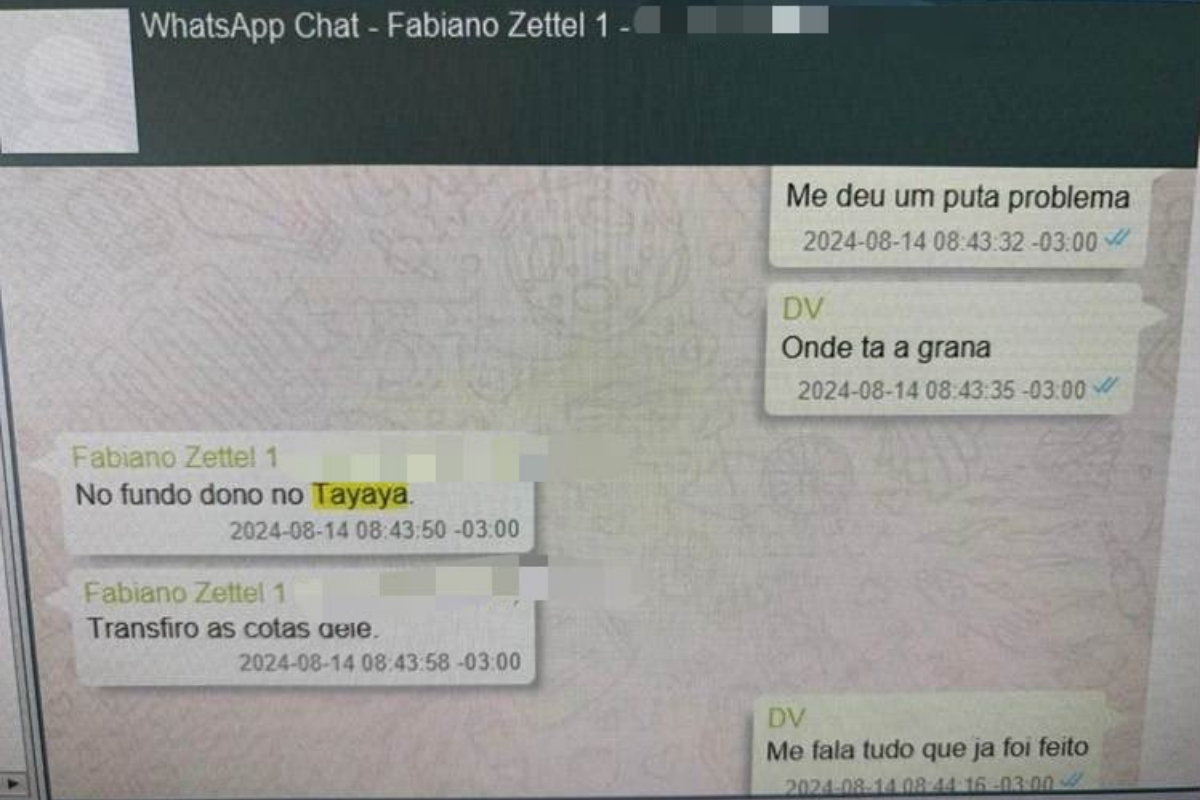 Imagem colorida, Vorcaro pergunta_ “Onde ta a grana”, Zettel responde_ “No fundo dono no Tayaya”- Metrópoles
