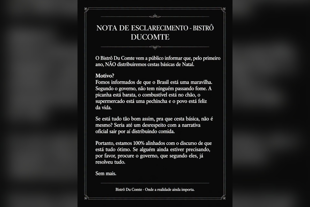 O Bistrô Du Comte, que fica na cidade de São Francisco, no Norte do estado, também se manifestou nas redes sociais