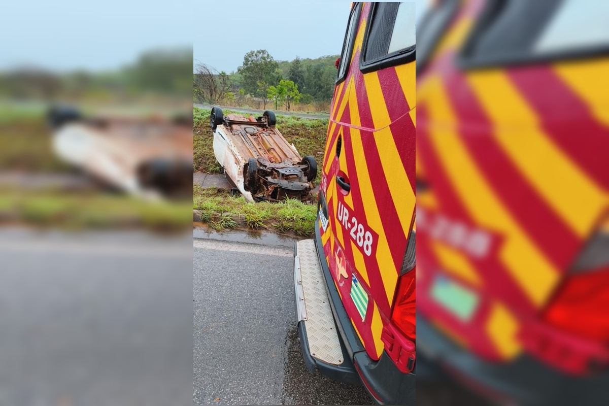 Carro capota durante forte chuva na BR-070; quatro pessoas ficaram feridas