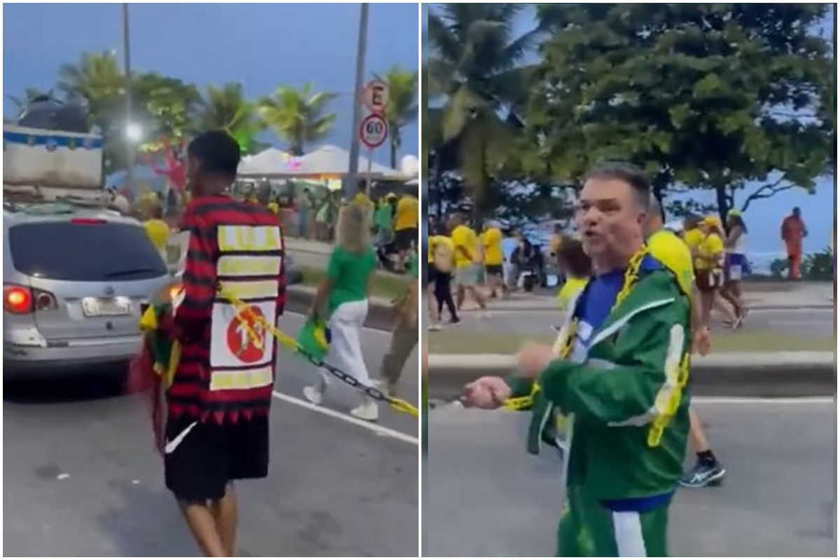 Apoiador de Flávio Bolsonaro puxa homem negro acorrentado com adesivo do PT