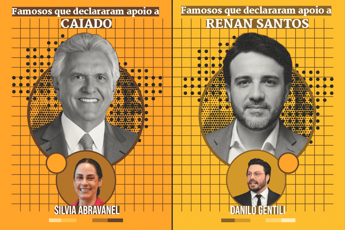 Arte gráfica com famosos que declararam apoio a Caiado (PSD) e Renan Santos (Missão) nas eleições de 2026