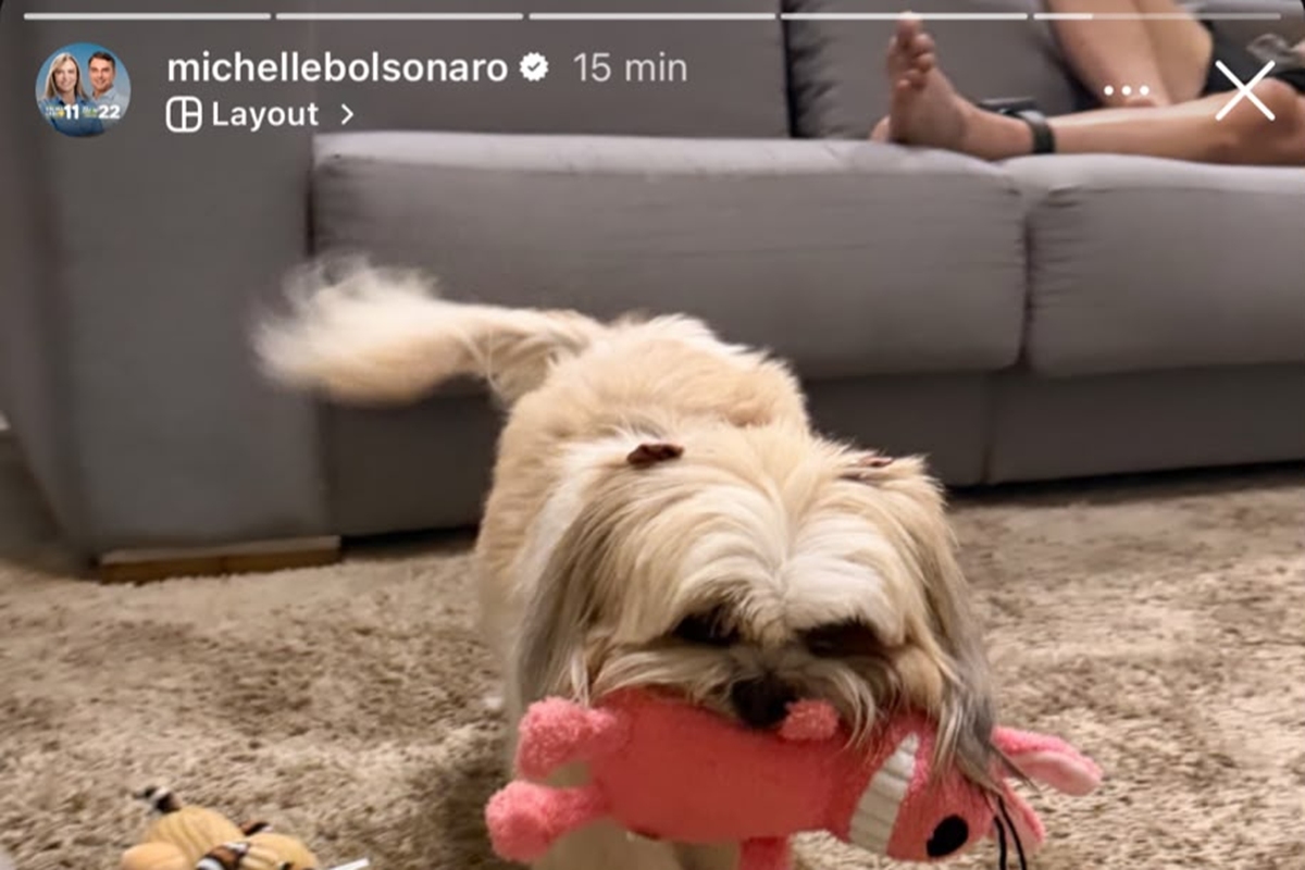 Michelle posta foto que aparece Jair Bolsonaro no sofá com tornozeleira