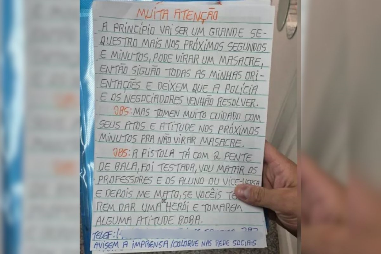 Foto colorida de carta encontrada pela polícia no local - Metrópoles