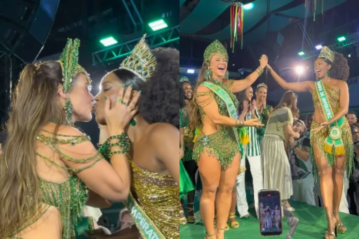 Paolla Oliveira ganha selinho de Iza ao ser coroada rainha da Imperatriz