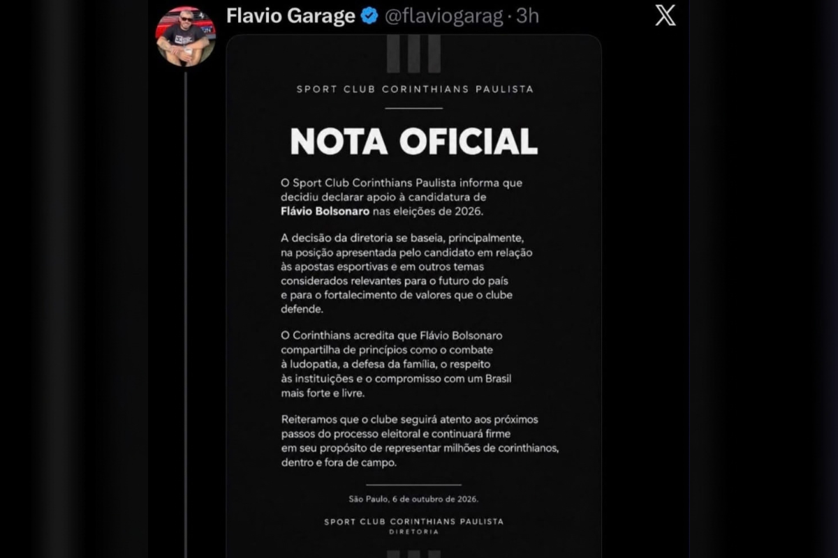 Corinthians desmente apoio a Flávio Bolsonaro e diz que postagem é falsa