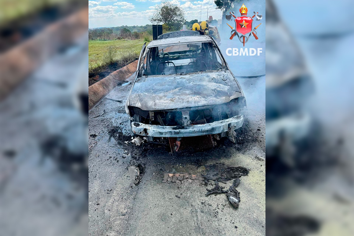 Carro é destruído por incêndio em rodovia no Núcleo Rural Ponte Alta