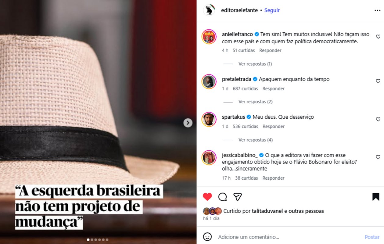 Post da Editora Elefante criticando a esquerda - Metrópoles