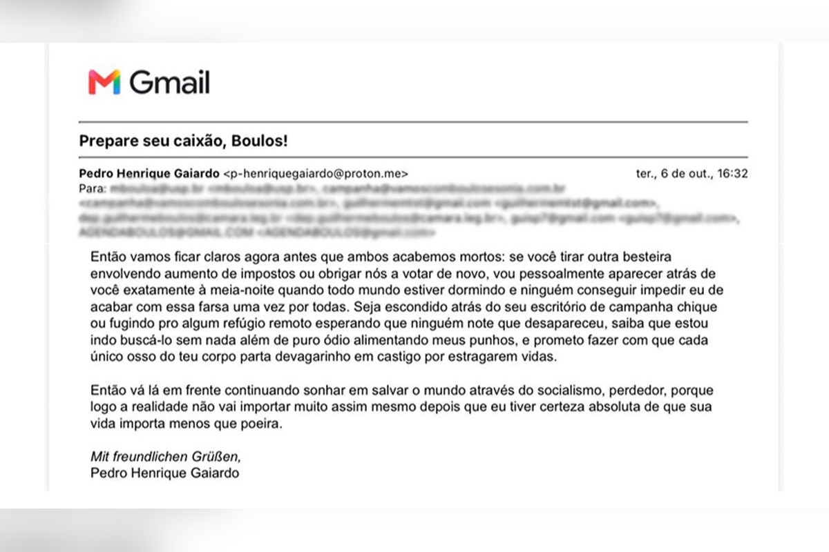 Imagem colorida, ameaça de morte enviada por e-mail - Metrópoles
