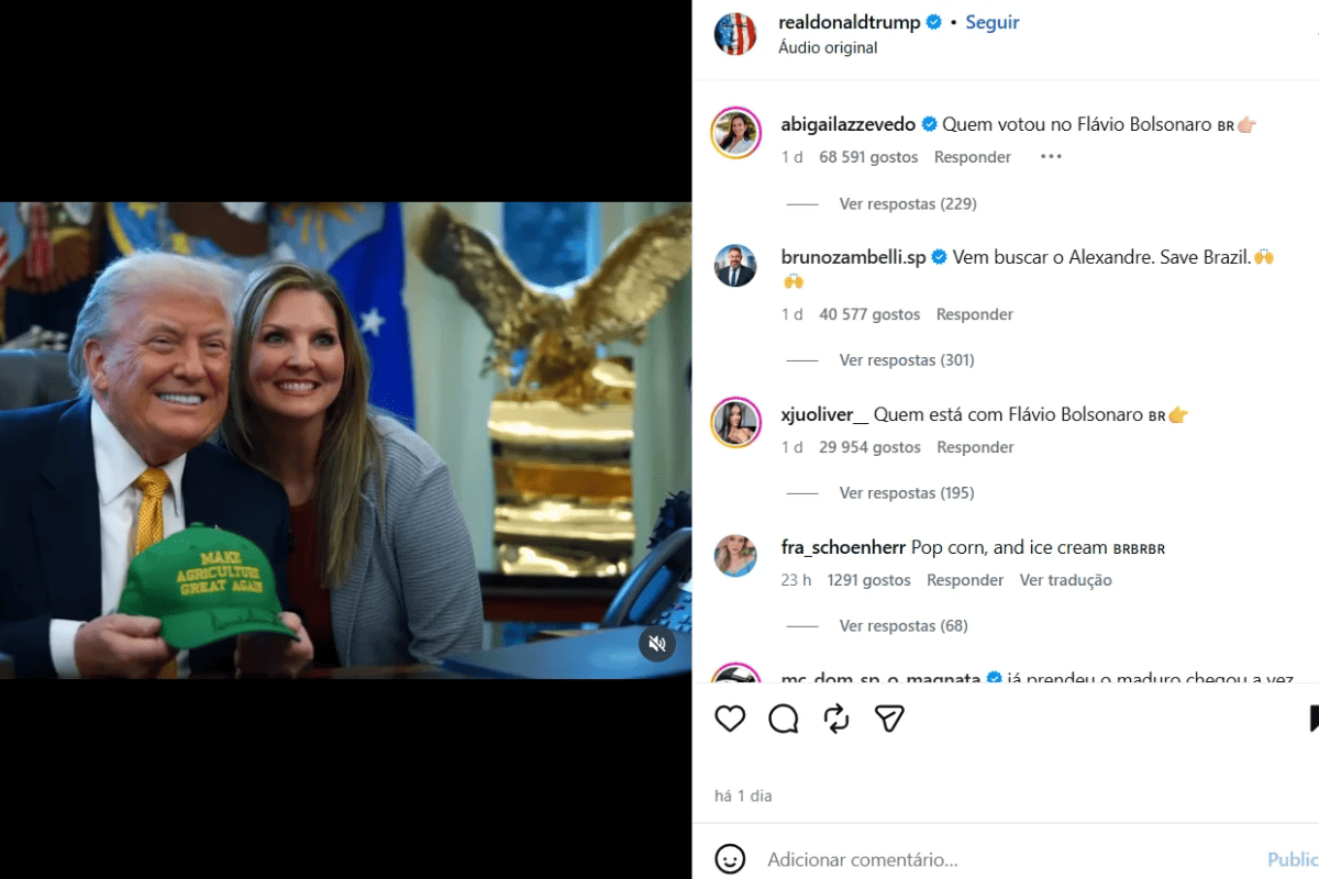 Deputado Bruno Zambelli pede prisão de Moraes para Trump em publicação do Instagram.