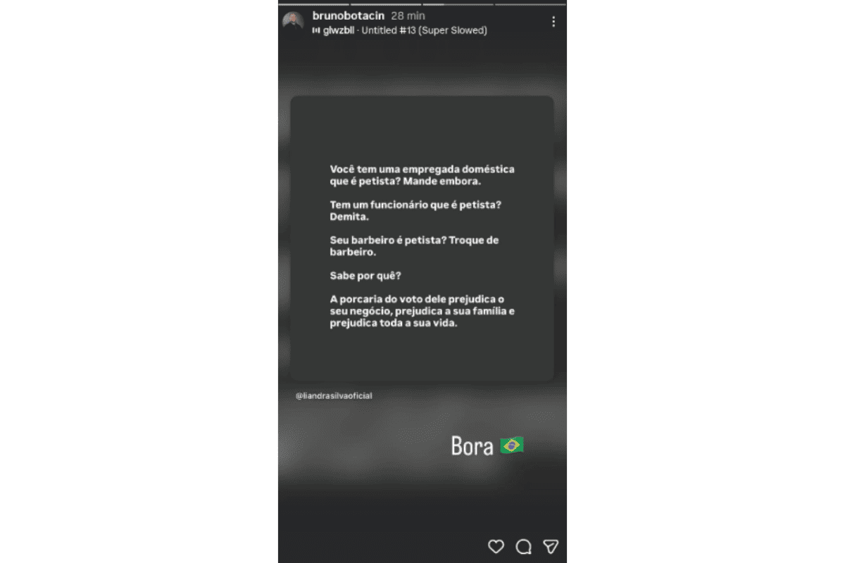 Publicação no Instagram de Bruno Botacin que sugere demissão de trabalhadores que votaram em Lula