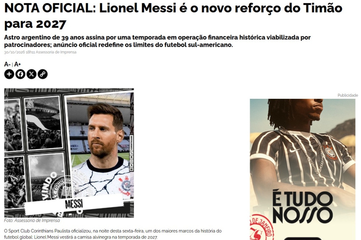 Corinthians desativa site após ataque hacker que incluiu anúncio de contratação de Messi