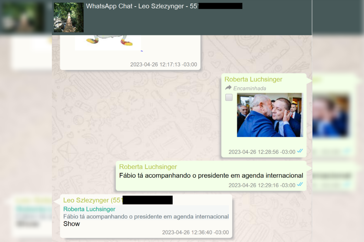 Troca de mensagens entre Roberta Luchsinger e o empresário Leo Slezynger, da Unigel