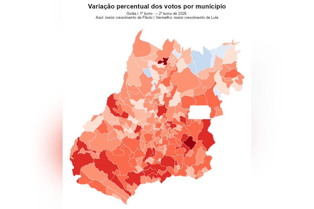 Mapa mostrando o crescimento dos votos de Lula em Goiás