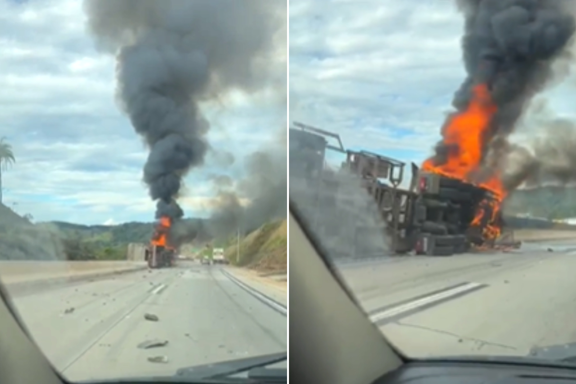 Carreta tomba e pega fogo na BR-381, em Caeté, na Grande BH