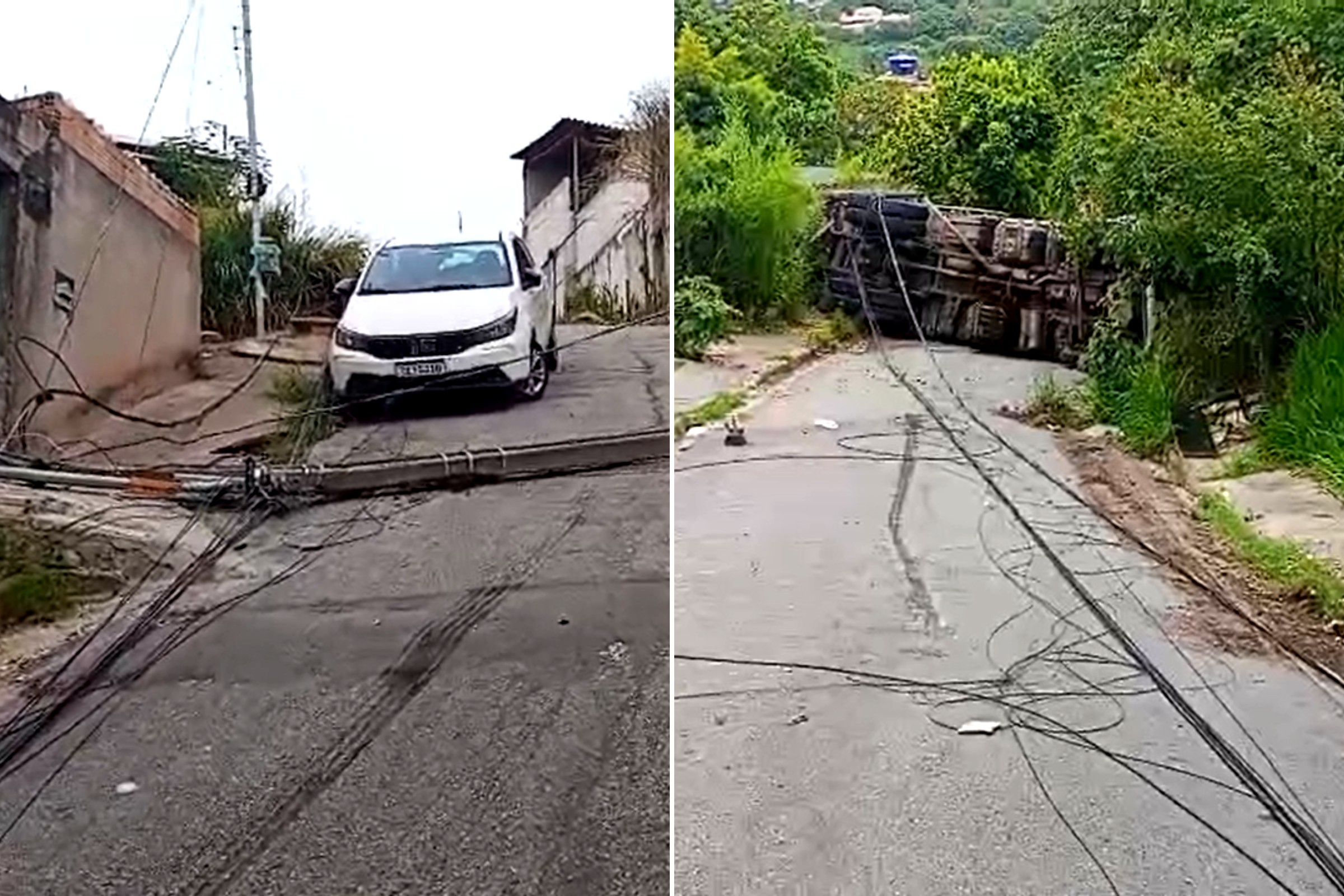 caminhão tomba em rua íngreme e derruba poste de luz