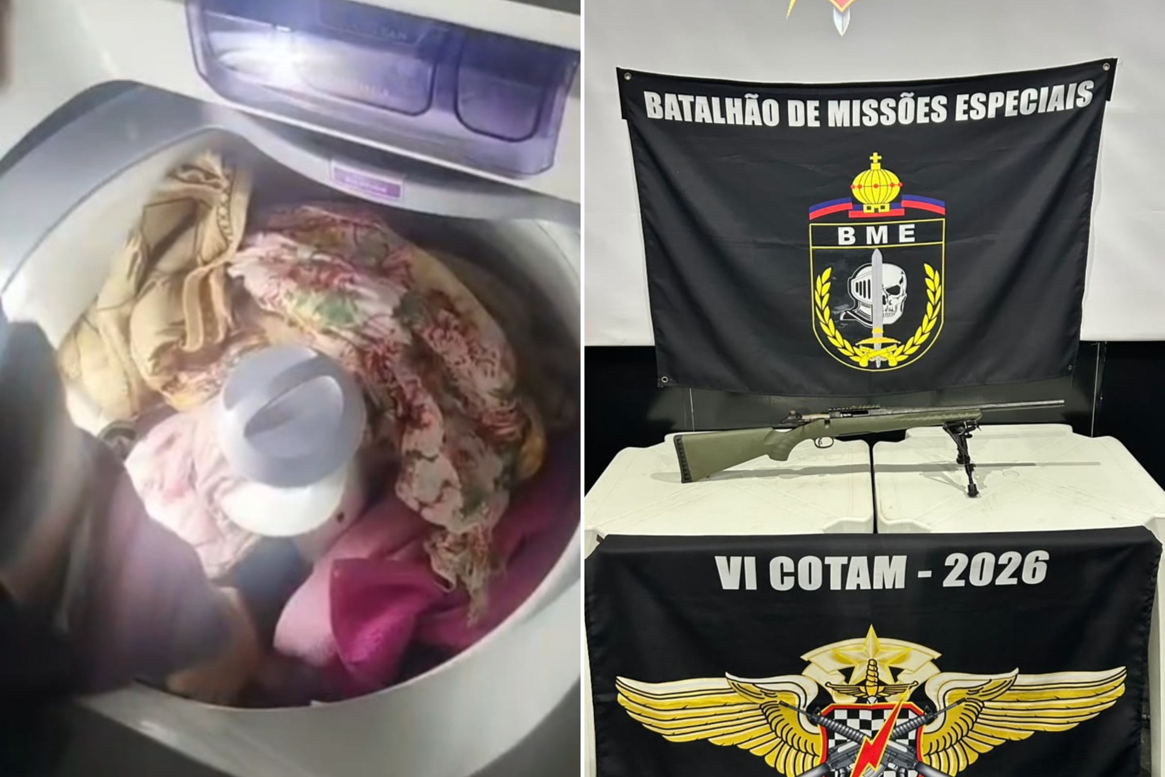 PMES acha rifle enterrado e submetralhadora escondida em máquina de lavar