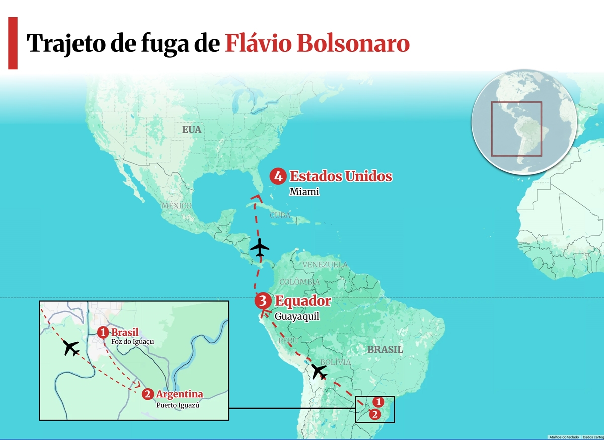 Rota de fuga de Flávio Bolsonaro para os Estados Unidos