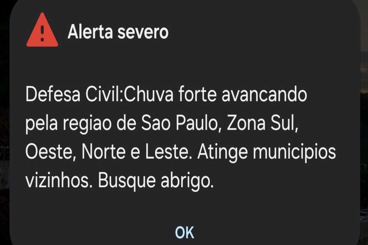 Alerta da Defesa Civil de São Paulo que chegou aos celulares