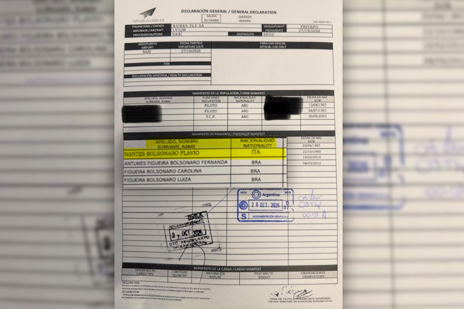 Documento de voo mostra que Flávio usou passaporte italiano